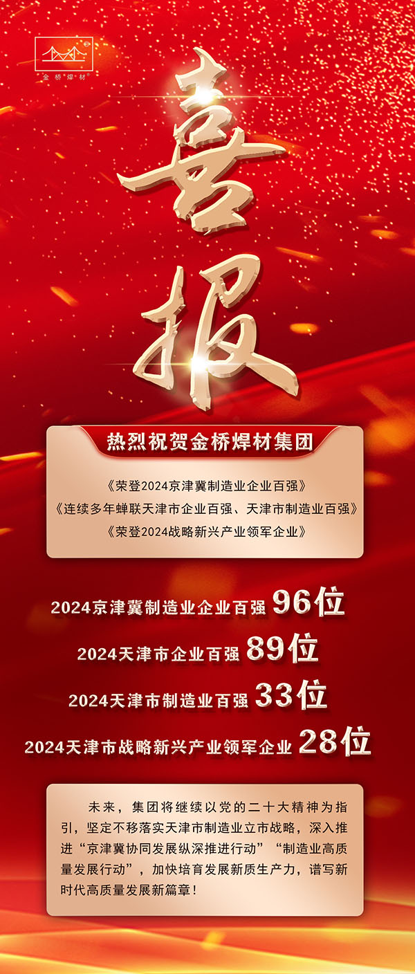 喜报！YH533388银河焊材集团荣膺2024年京津冀制造业企业百强、天津市企业百强、天津市制造业百强、战略新兴产业领军企业！